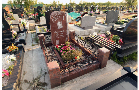 Мемориальный комплекс из красного гранита с оградой в форме ивы — работа №131