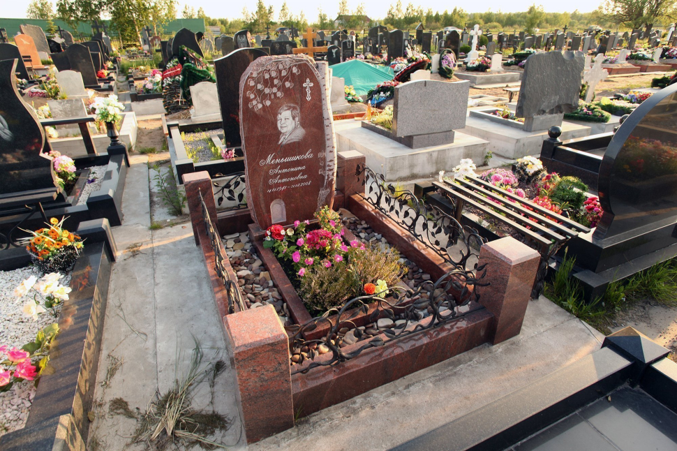 Мемориальный комплекс из красного гранита с оградой в форме ивы — работа №131